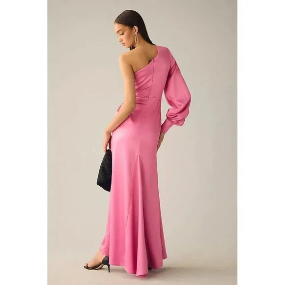 MAC DUGGAL Size 2 Pink 26712 ONE SHOULDER BISHOP SLEEVE SATIN Formal GOWN Dress